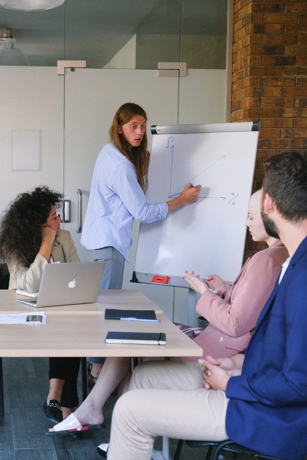 Das Bild spielt in einem Konferenzraum. Dort steht eine Frau vor einem Whiteboard und zeichnet eine Grafik. Davor sitzen an einem Tisch 2 Frauen und ein Mann